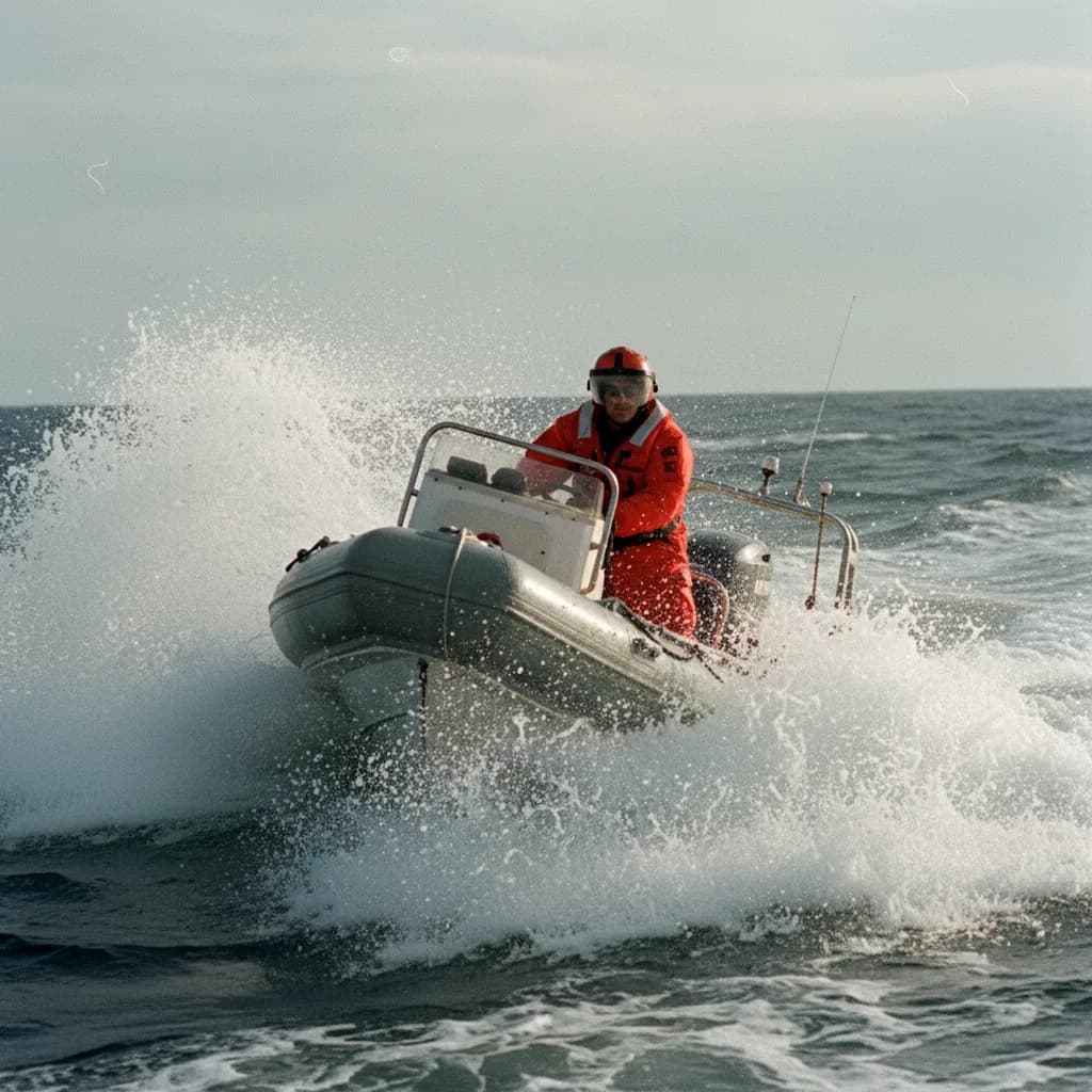 Jimmy at the helm of a small Coast Guard boat cutting through heavy spray, wearing an orange dry suit and helmet