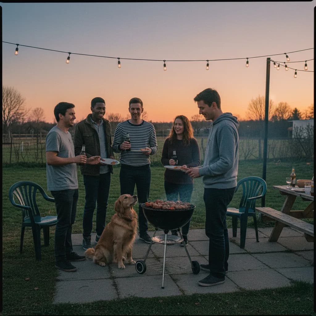 Jimmy at a backyard barbecue at sunset with friends, string lights, and a golden retriever