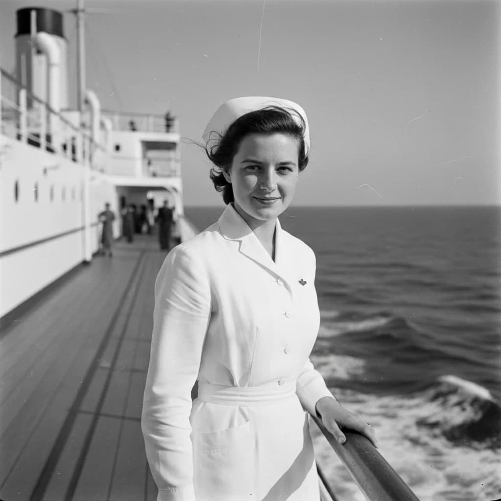 Peggy in her white nurse's uniform and cap at the rail of the hospital ship USS Repose, open sea behind her