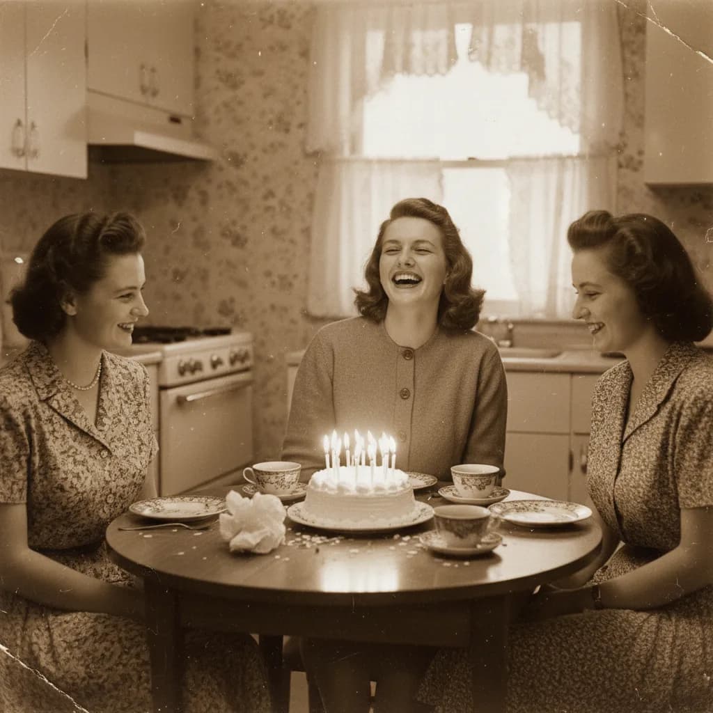 Peggy laughing at a small kitchen table with a candlelit birthday cake and two friends