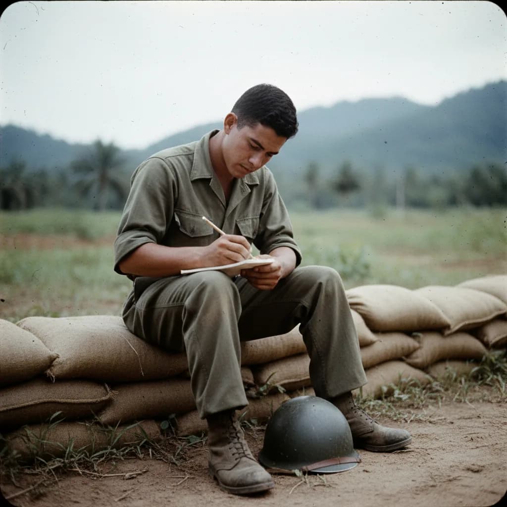 Ruben sitting on a sandbag wall in olive utilities writing a letter, his helmet on the ground beside him, Vietnam