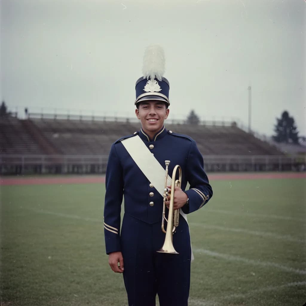 Ruben grinning in his high school marching band uniform, holding his trumpet on the football field in Tacoma