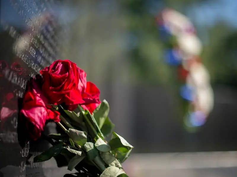 Red roses left against the names on the Vietnam Veterans Memorial, a wreath blurred behind