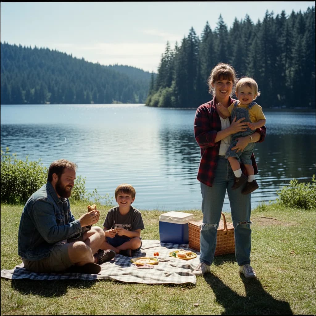 Evelyn holding a toddler beside a lakeside picnic blanket with family, evergreen trees across the water