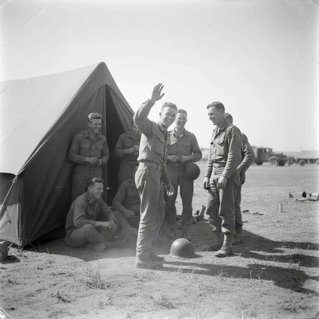 Walter waving at the camera beside a canvas tent with the men of his squad at a dusty training camp