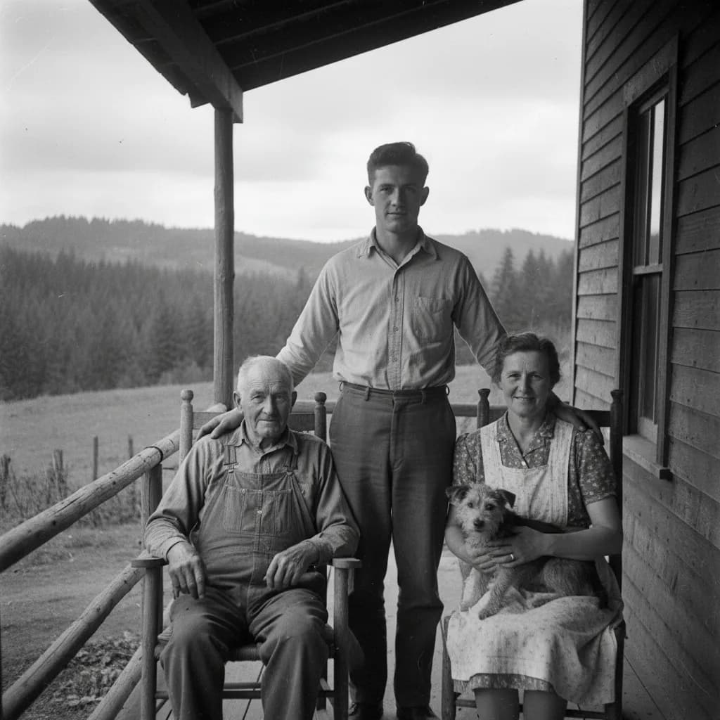 Walter standing behind his seated parents on the farmhouse porch outside Everett, with the family dog on his mother's lap