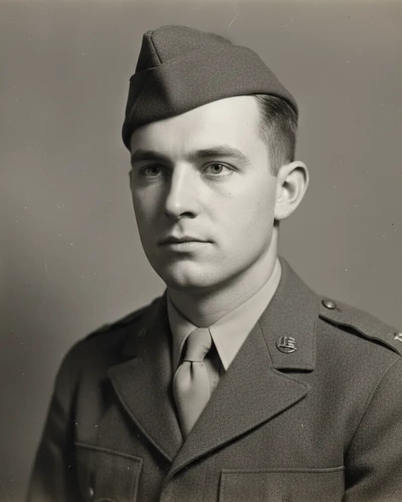 Studio portrait of Walter Brightwater in Army service uniform and garrison cap, 1943